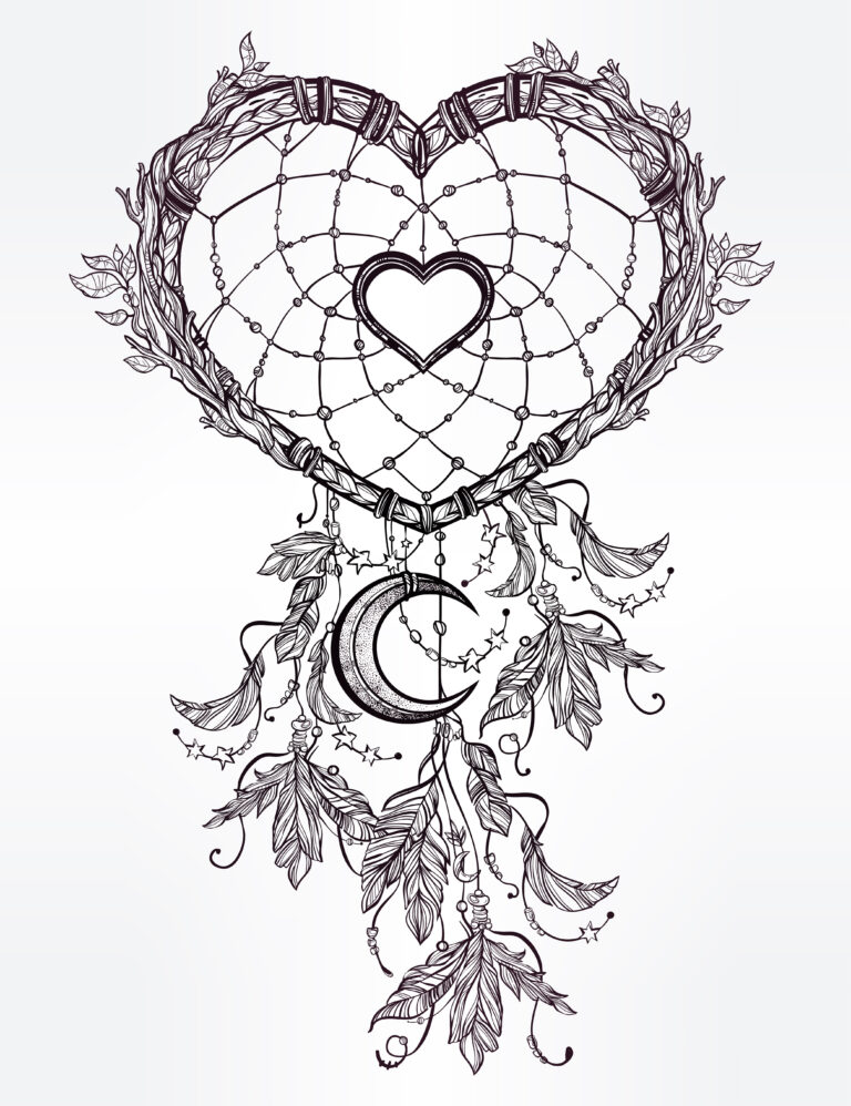 Hand drawn romantic drawing of a heart shaped dream catcher, feathers and moon. Vector illustration isolated. Ethnic tattoo design with American Indians elements, tribal symbol.