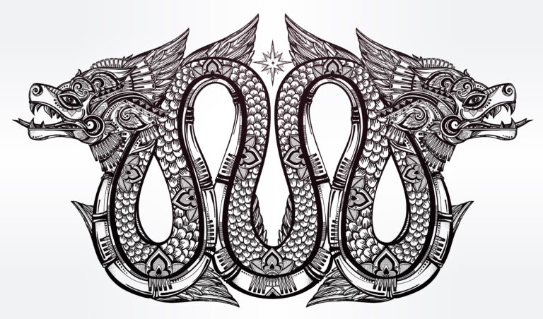 Highly detailed ornate beautiful line art of sacred mythological winged dragon. Vector illustration isolated. Ethnic print design, pagan tattoo, mystic tribal symbol for your use.
