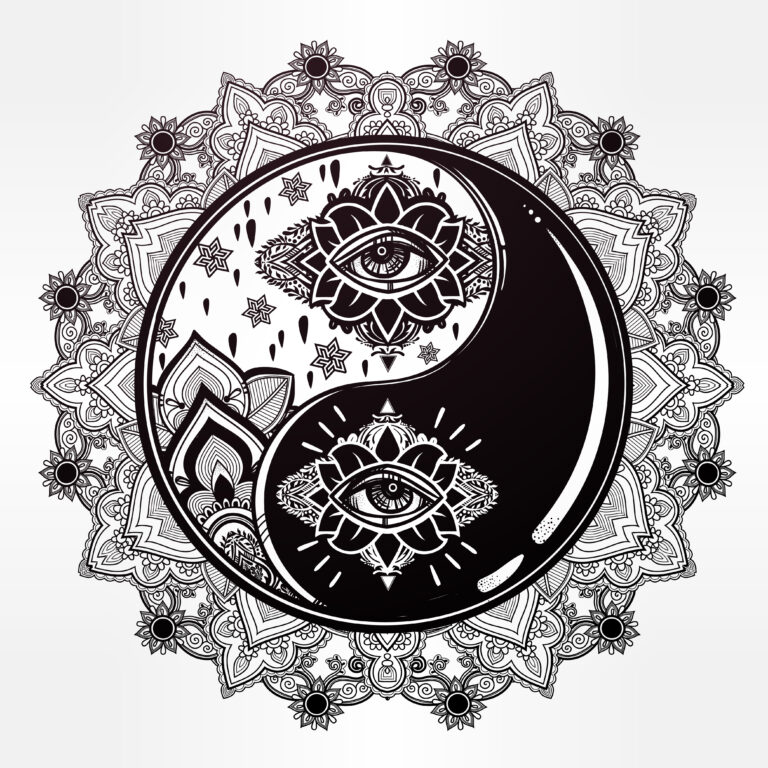 Mandala Yin and yang boho symbol. Vector isolated illustration. Vintage decorative oriental symbol of harmony, balance. Tattoo, yoga, spirituality, textiles.